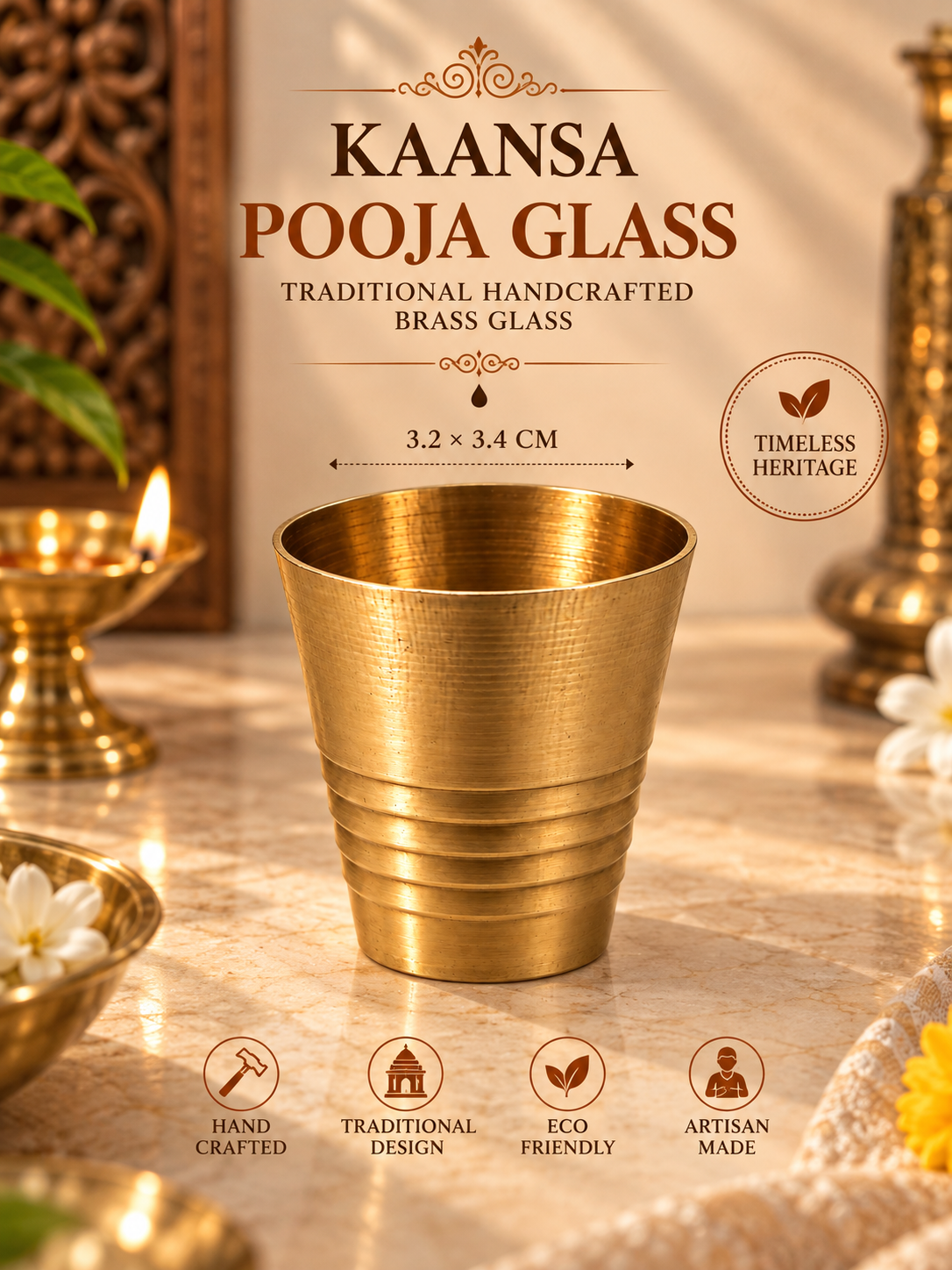 POOJA GLASS TRADITIONAL HANDCRAFTED BRASS GLASS